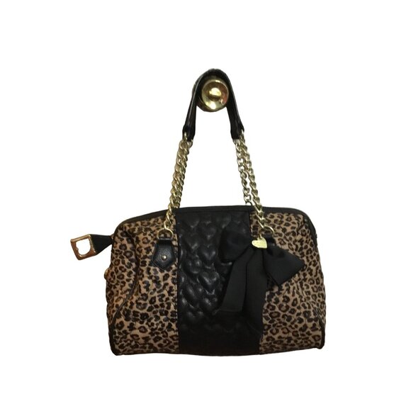 Betsey Johnson Leopard Print Handbag With Quilted Black Panel & Chain Straps - Picture 2 of 10